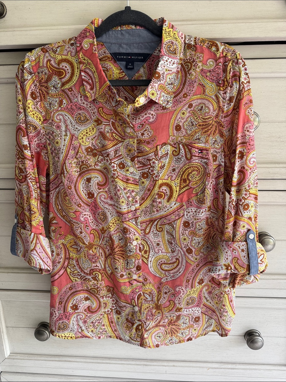 Tommy Hilfiger Coral Paisley Button-Down Shirt with Yellow Accents